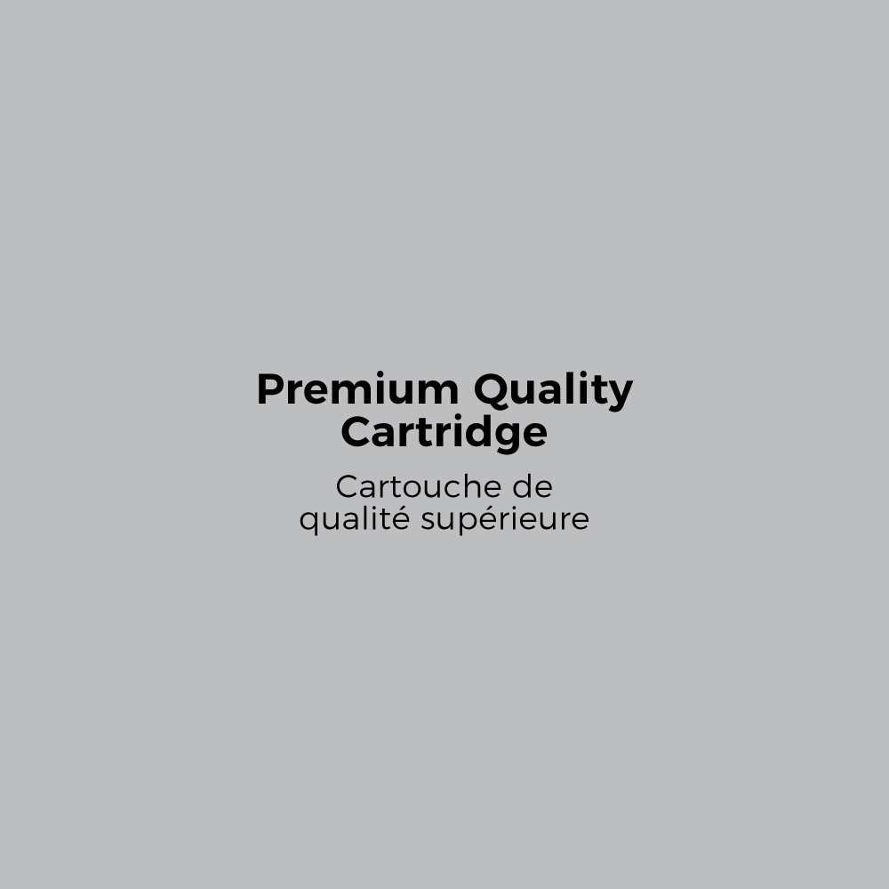 Blue ink cartridge labeled "Premium Quality Cartridge," featuring a sleek design, with text in both English and French, indicating high-quality printing performance.