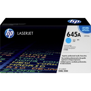 Cyan toner cartridge box labeled HP 645A C9731AC, designed for Canon printers, featuring a sleek black design with colorful text and a capacity of 12,000 pages at 5% coverage.