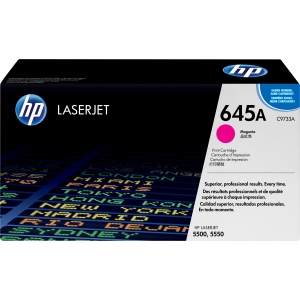Magenta toner cartridge box labeled HP 645A, featuring a sleek design with the HP logo and text indicating compatibility with LaserJet printers, capable of printing 12,000 pages at 5% coverage.