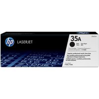Black HP 35A toner cartridge box with blue and white text, HP logo, and page yield details.