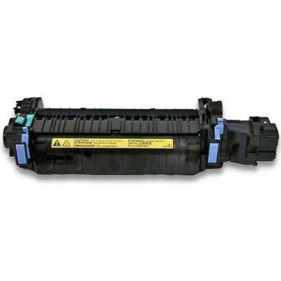 Black fuser unit with blue and green clips, featuring a yellow warning label, designed for HP printers to enhance print quality and performance.