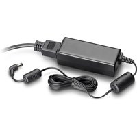 Black HP power adapter with rectangular body, attached cables, and cylindrical connector.
