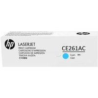 HP CE261AC cyan toner cartridge box with blue dot, white packaging, and black text.