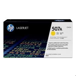 Yellow toner cartridge box labeled "HP CE402AC/507A," featuring the HP logo and specifications, designed for LaserJet printers, with a capacity of 6,000 pages.