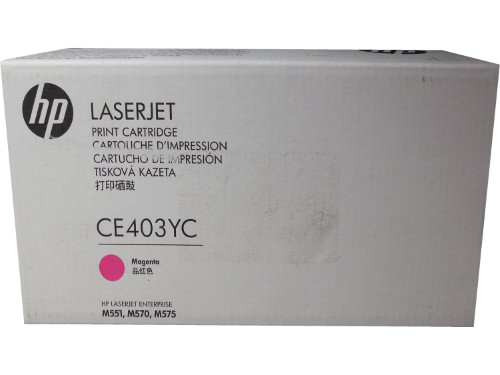 Magenta toner cartridge box labeled CE403YC, featuring HP branding, with multilingual text and compatibility details for LaserJet printers M551, M570, and M575.