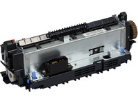 HP CE502-67913 Fuser Kit in black and silver, designed for 230V operation, featuring a compact, rectangular shape with blue clips and a gear mechanism on one end.