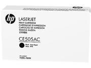 Black toner cartridge box with HP branding, labeled CE505AC/05A, designed for LaserJet printers, capable of printing 2,300 pages, featuring a clean, white exterior.