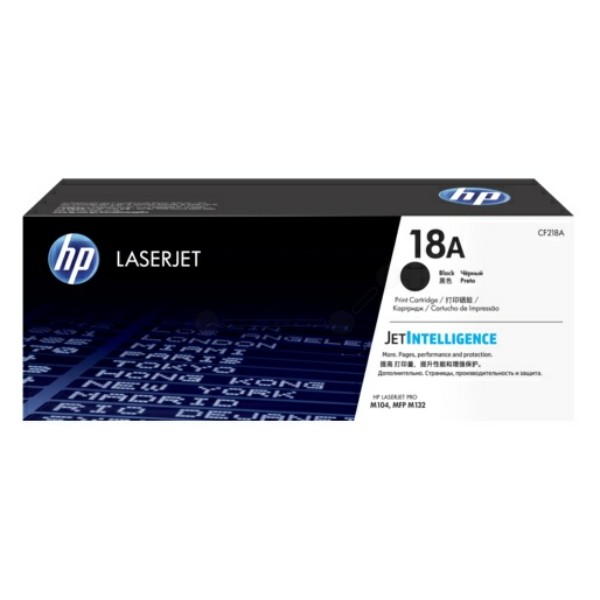 Black toner cartridge box with "HP LASERJET 18A" prominently displayed, featuring a sleek design and blue HP logo, designed for HP Pro M 102/104 printers, yielding 1.4K pages.