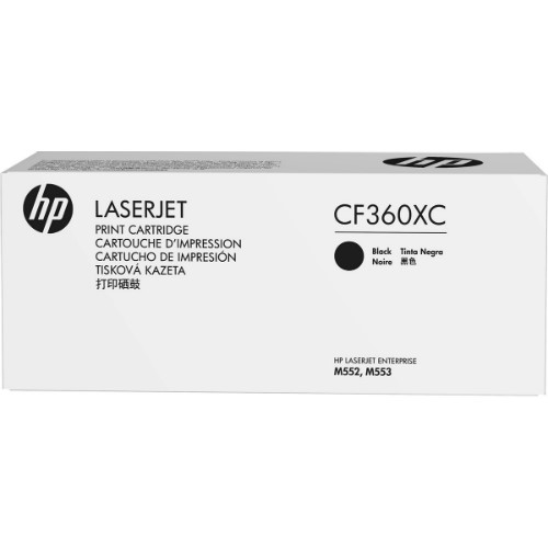 Black toner cartridge box labeled "HP CF360XC/508X" with a capacity of 12.5K pages, featuring the HP logo and product details in multiple languages.