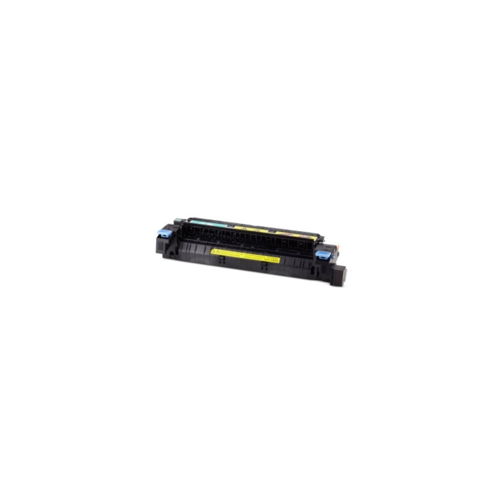 Black fuser unit with blue connectors and a yellow label, designed for HP printers, featuring a compact, rectangular shape for easy installation.