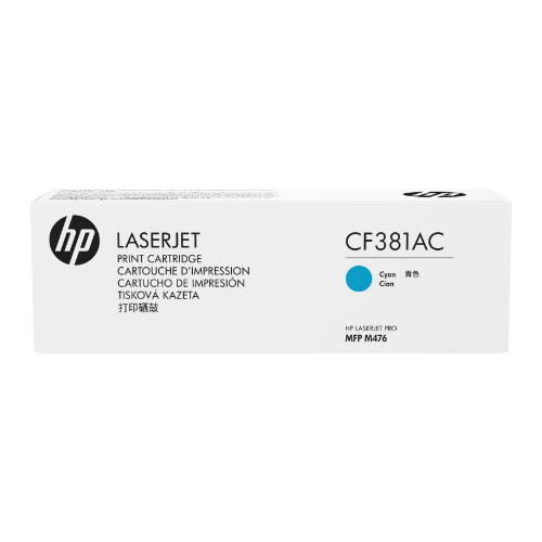 Cyan toner cartridge in a white box with black HP logo, labeled CF381AC, designed for LaserJet printers, capable of printing 2.7K pages.