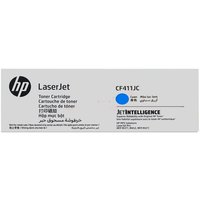 HP CF411JC cyan toner cartridge, gray box with blue dot, LaserJet branding, for 6K pages, ISO/IEC 19798 compliant.
