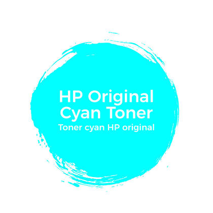 Cyan toner cartridge with a bright blue circular design, featuring "HP Original Cyan Toner" text in white, indicating high capacity and original HP product.