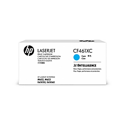 Cyan toner cartridge box with HP branding, labeled CF461XC/656X, designed for LaserJet printers, capable of printing 22,000 pages per ISO/IEC 19798 standards.