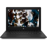 Black HP Chromebook 11 G9 with 11.6-inch touchscreen, Intel Celeron N4500, and sleek design.
