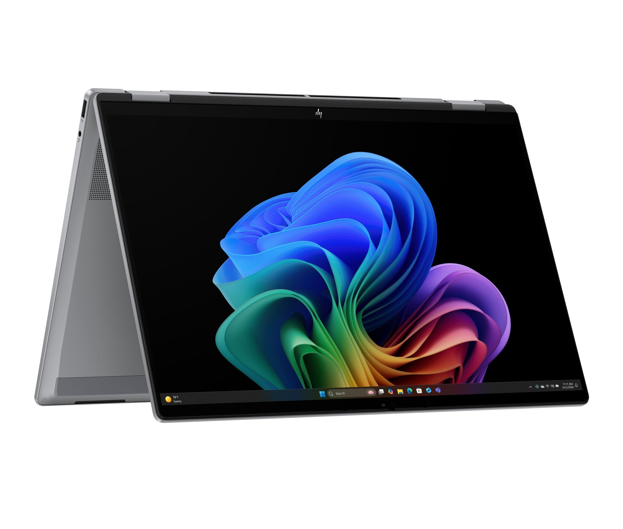Sleek silver HP Chromebook 14a with a 14-inch HD display, featuring Intel® Celeron® N4500, a modern design, and vibrant colorful wallpaper on the screen.