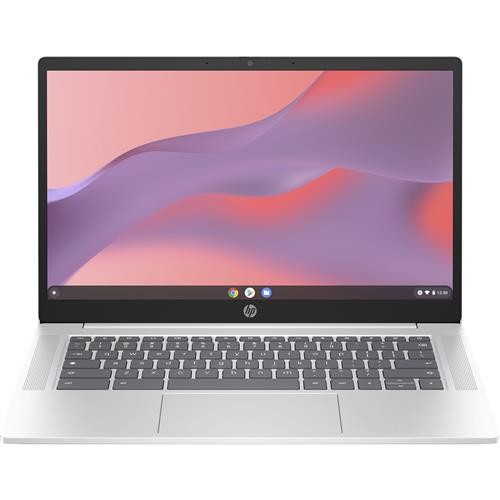 Sleek black HP Chromebook 14a with a 14-inch display, Intel processor, 4GB RAM, and 128GB storage, featuring a silver keyboard and minimalist design.