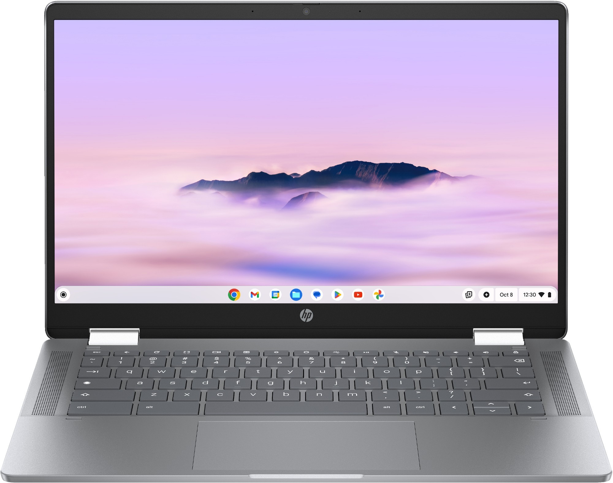HP Chromebook X360 14" 2-in-1 laptop with a sleek silver finish, featuring a Full HD touchscreen, Intel® Core™ i3-N305 processor, 8GB RAM, and 128GB UFS storage.