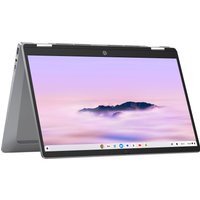 HP Chromebook x360 14b, silver, 14-inch touchscreen, 360-degree hinge, Intel Core i3, sleek design, cloud background.