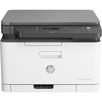 White HP Color Laser MFP 178nw printer with gray top, control panel, and HP logo on front.