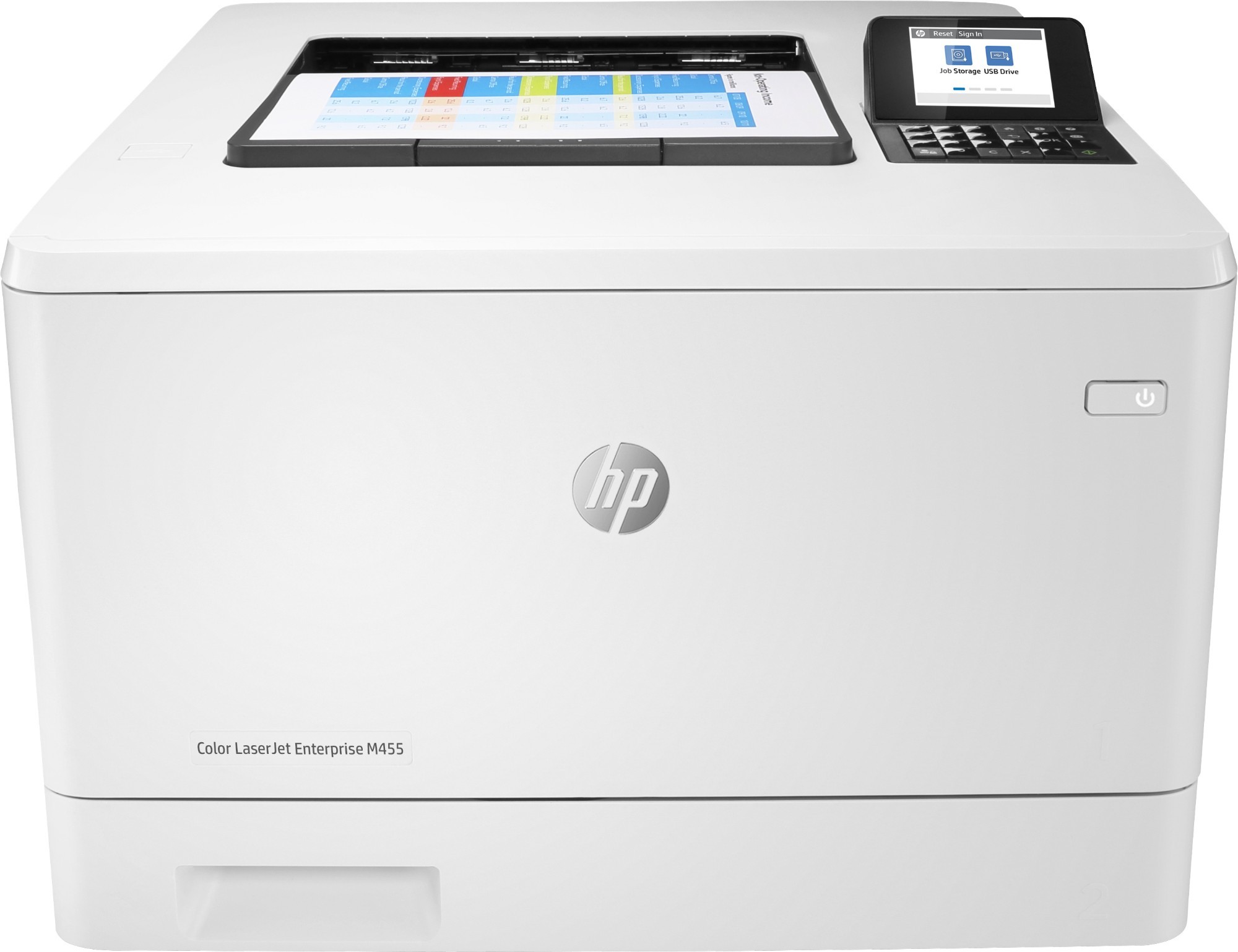 White HP Color LaserJet Enterprise M455dn printer featuring a control panel with a color display, paper tray on top, and HP logo on the front.