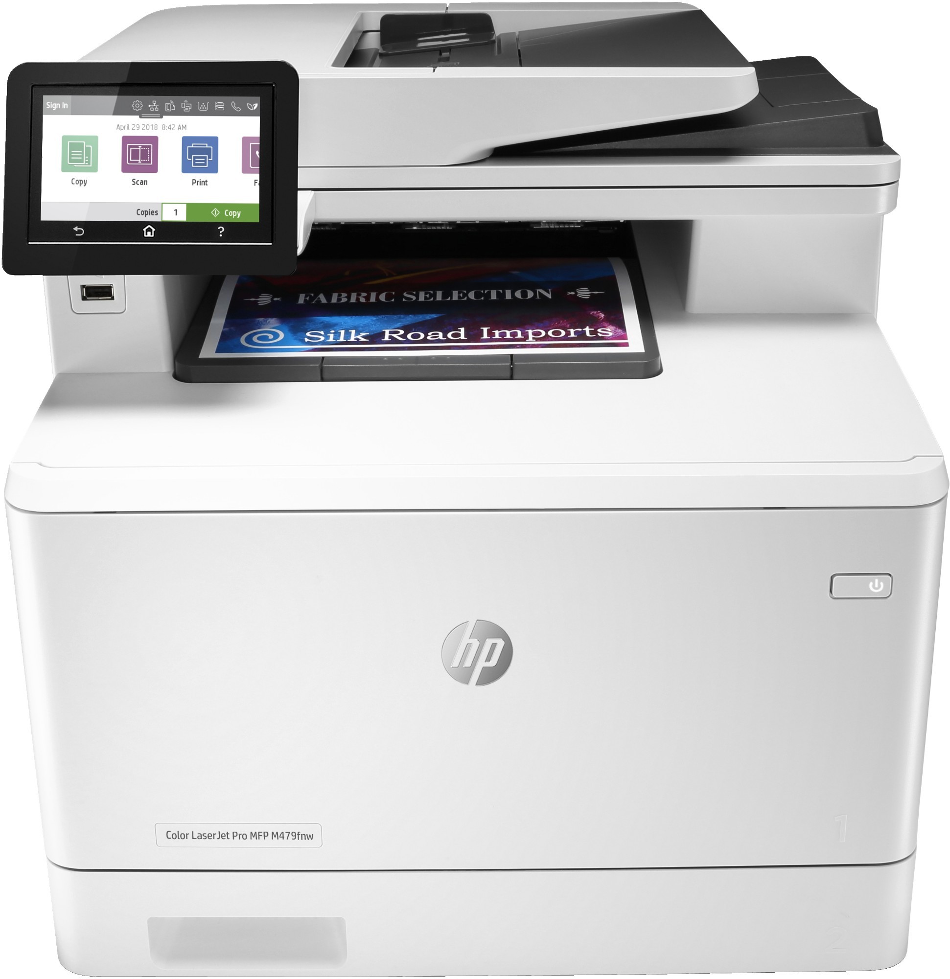 White HP Color LaserJet Pro M479fnw multifunction printer with a touchscreen display, featuring options for copy, scan, and print, and a paper tray visible at the front.