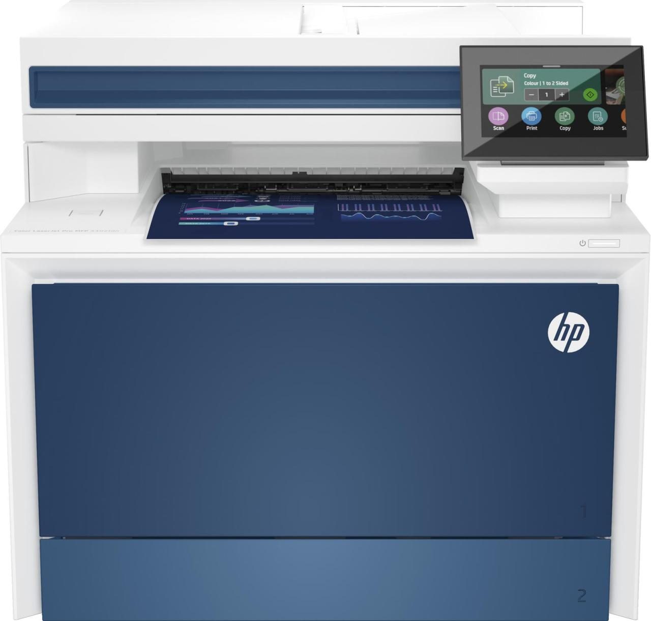 HP Color LaserJet Pro MFP 4302fdn printer in white and blue, featuring a touchscreen control panel, paper tray, and compact design suitable for office use.