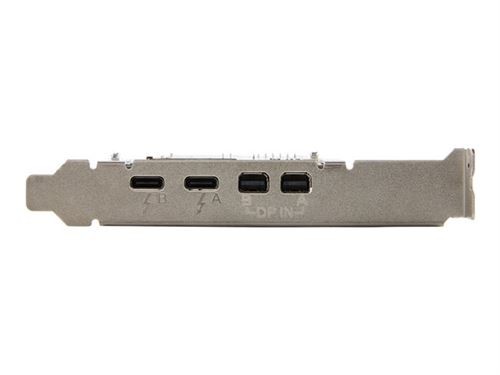 HP dual Thunderbolt 4 PCIe x4 low-profile interface card in silver metal, featuring three Thunderbolt ports and a DisplayPort connection on one edge.