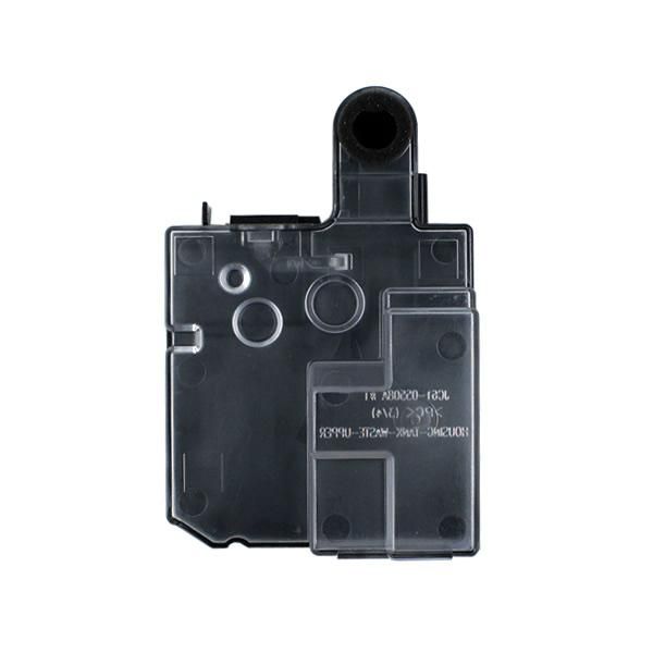 Black plastic HP cartridge with a transparent section, featuring multiple holes and a connector, designed for inkjet printers.