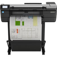 Black HP Designjet T830 24-in multifunction printer with touchscreen and large format paper output.