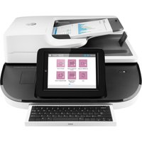 White HP flatbed scanner with touchscreen, document feeder, and pull-out keyboard.