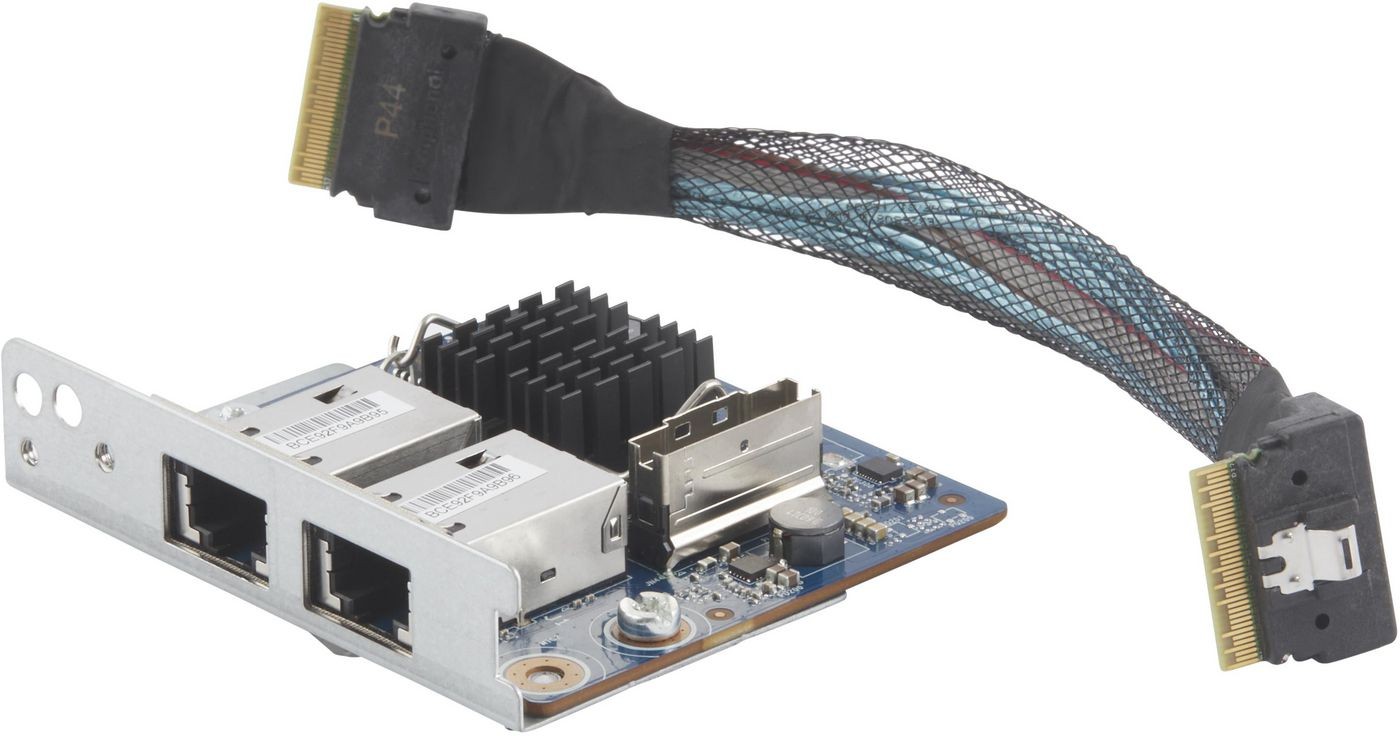 HP Dual Port 10GBase-T NIC Module features a blue circuit board with two Ethernet ports, a heat sink, and a flexible connector cable, designed for high-speed network connectivity.