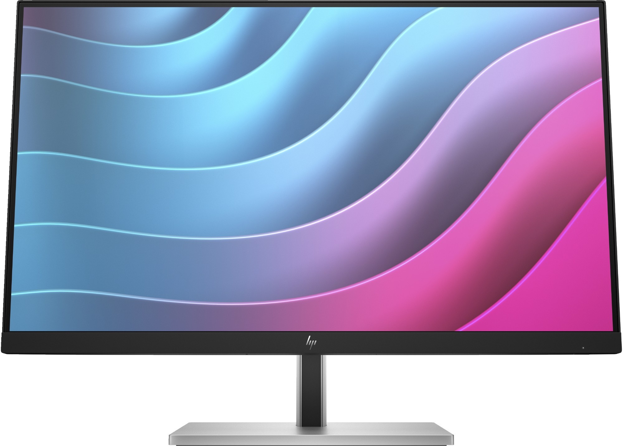 HP E24 G5 FHD monitor features a sleek black bezel, a vibrant display with wavy blue and pink patterns, and a sturdy silver stand, designed for an enhanced viewing experience.
