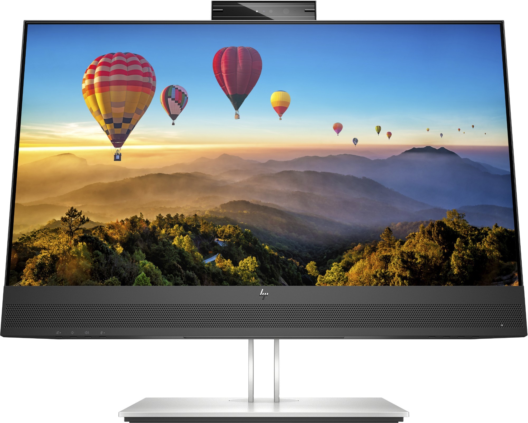 HP E24m G4 monitor features a sleek black bezel, 23.8-inch display with 1920 x 1080 resolution, and a silver stand, showcasing vibrant colors of hot air balloons over a scenic landscape.