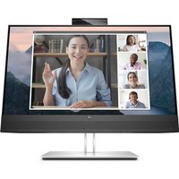 Black HP E24mv G4 FHD Conferencing Monitor, 23.8" screen, slim bezels, built-in webcam, silver stand.