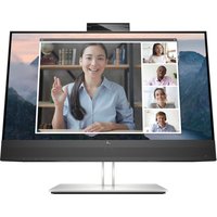 HP E24mv G4 FHD Conferencing Monitor, black bezel, built-in webcam, silver stand, displaying video call interface