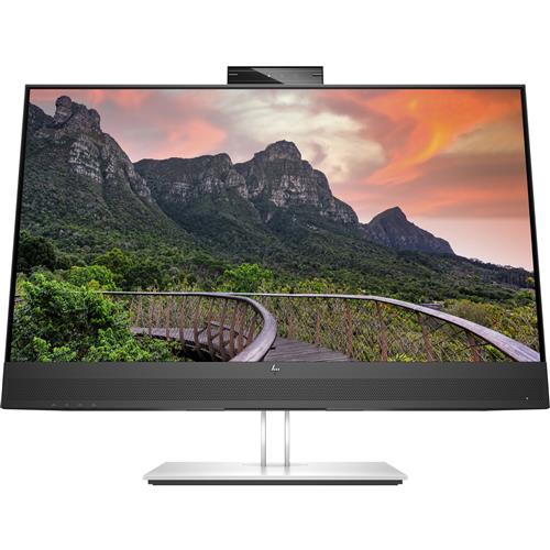 HP E27m G4 QHD USB-C Conferencing Monitor features a sleek black bezel, a silver stand, and a built-in camera at the top, displaying a vibrant landscape on the screen.