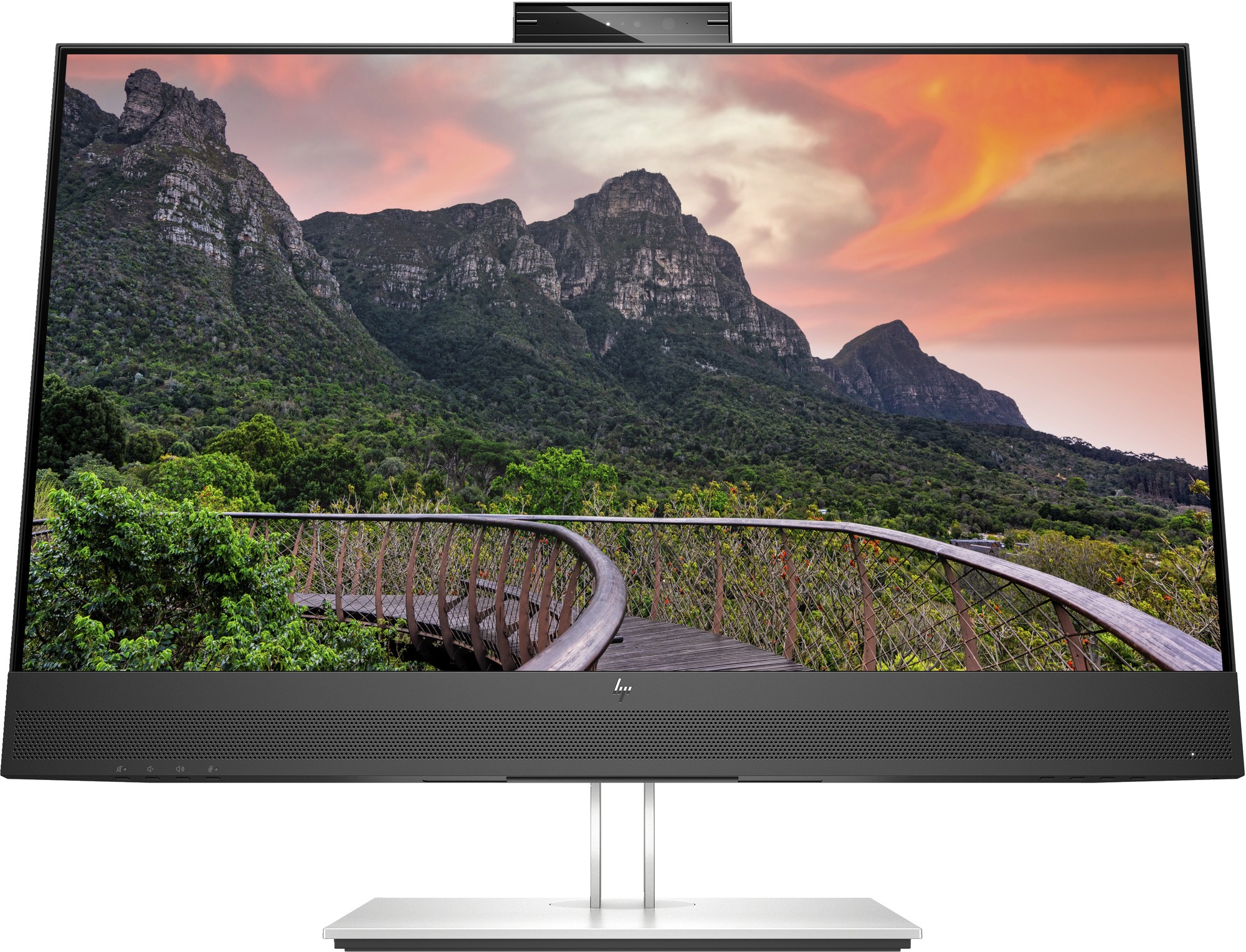27-inch HP E27m G4 QHD USB-C conferencing monitor with a sleek black frame, silver stand, built-in webcam, and vibrant display showcasing a scenic mountain landscape.