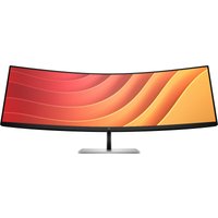 Curved HP E45c G5 DQHD monitor with ultra-wide screen, slim black bezel, and sleek silver stand.