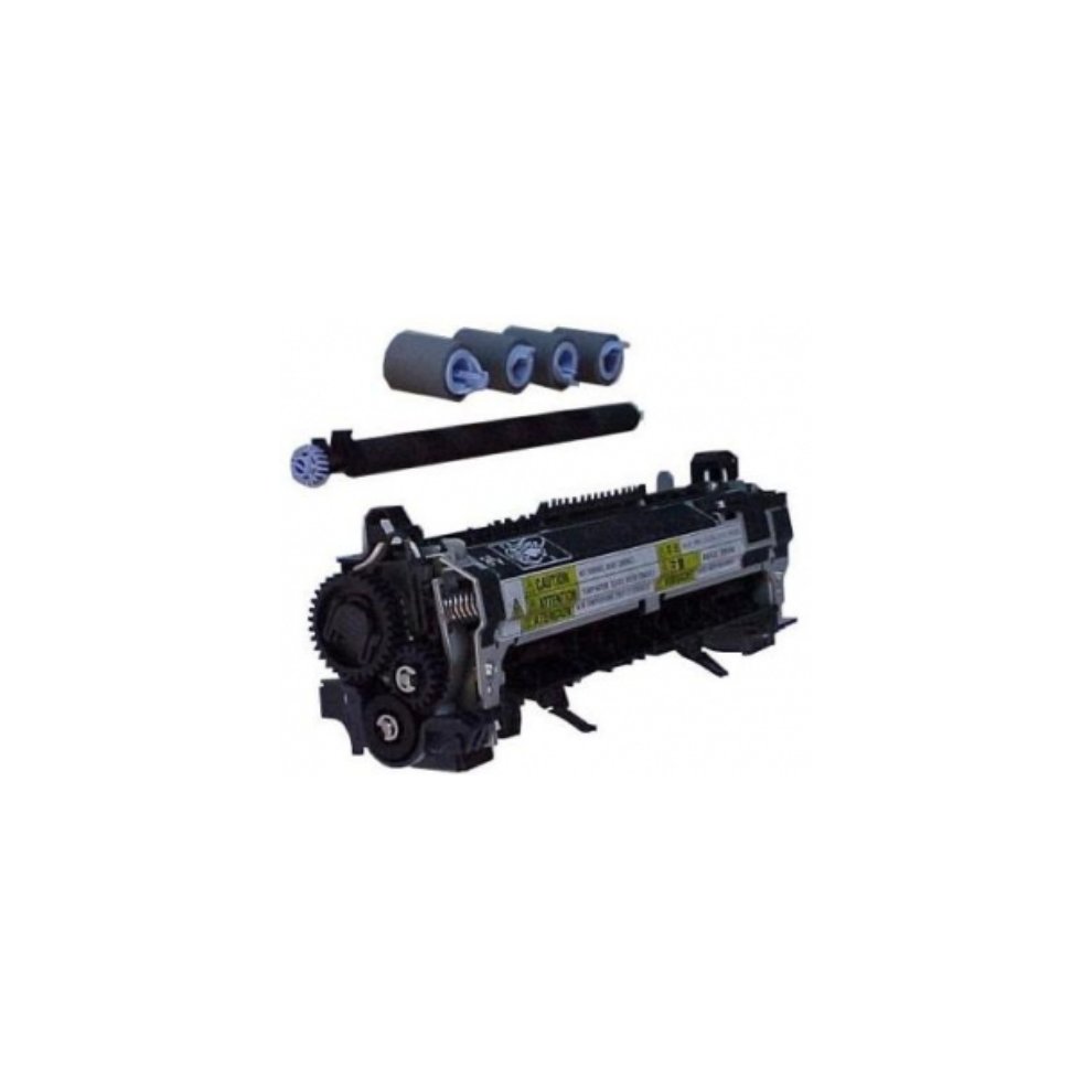 HP E6B67-67902 Fuser Kit in black and gray, featuring a cylindrical fuser unit with gears and three blue rollers, designed for HP LaserJet M 604/606 printers.
