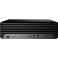 Black HP Elite SFF desktop with horizontal ridges, front USB ports, and power button on the lower right.