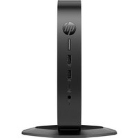 Black HP Elite t660 SFF Thin Client PC with vertical stand, front USB ports, and HP logo on top.