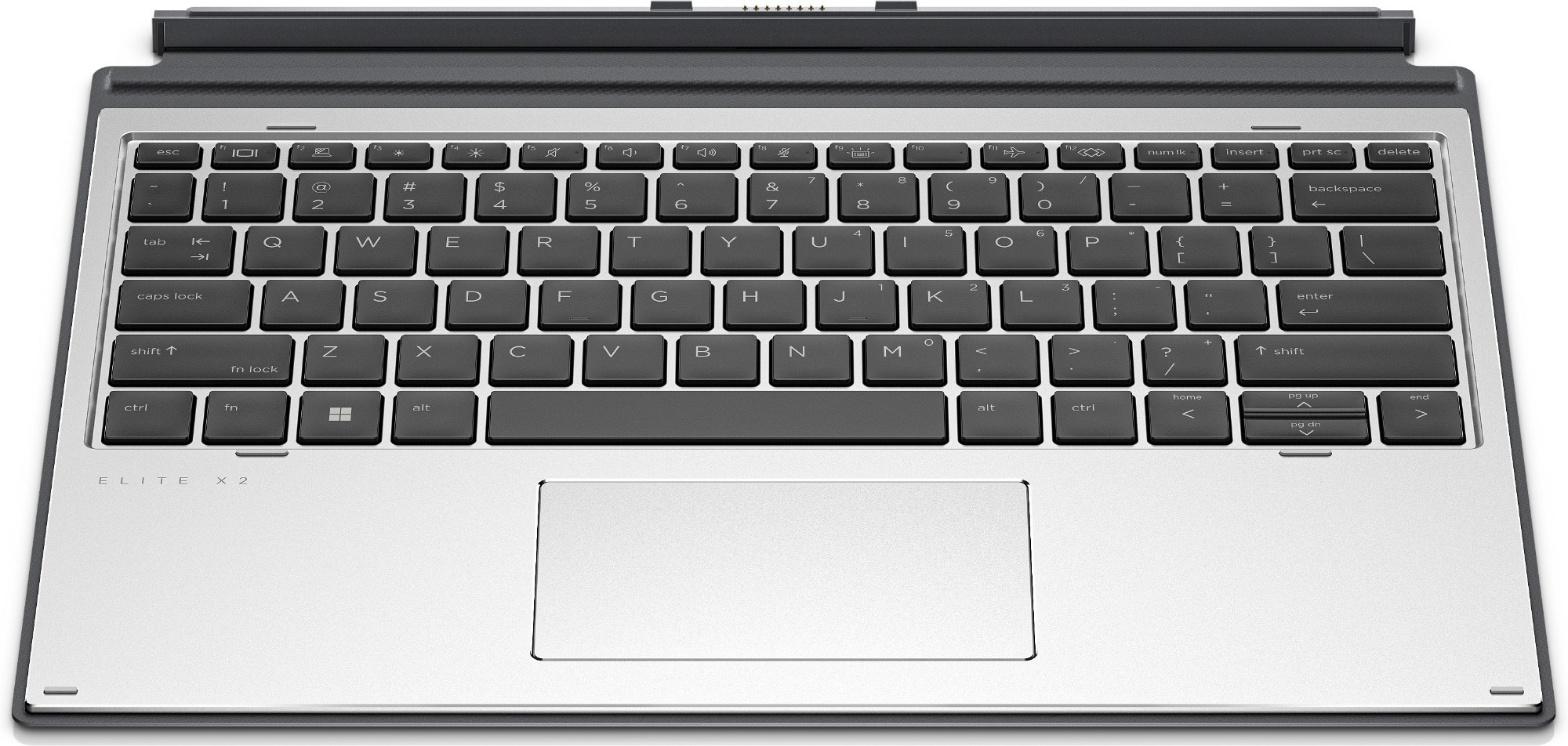 Premium HP Elite X2 G8 keyboard in silver and black, featuring a full-size layout, tactile keys, and a large touchpad for enhanced usability.