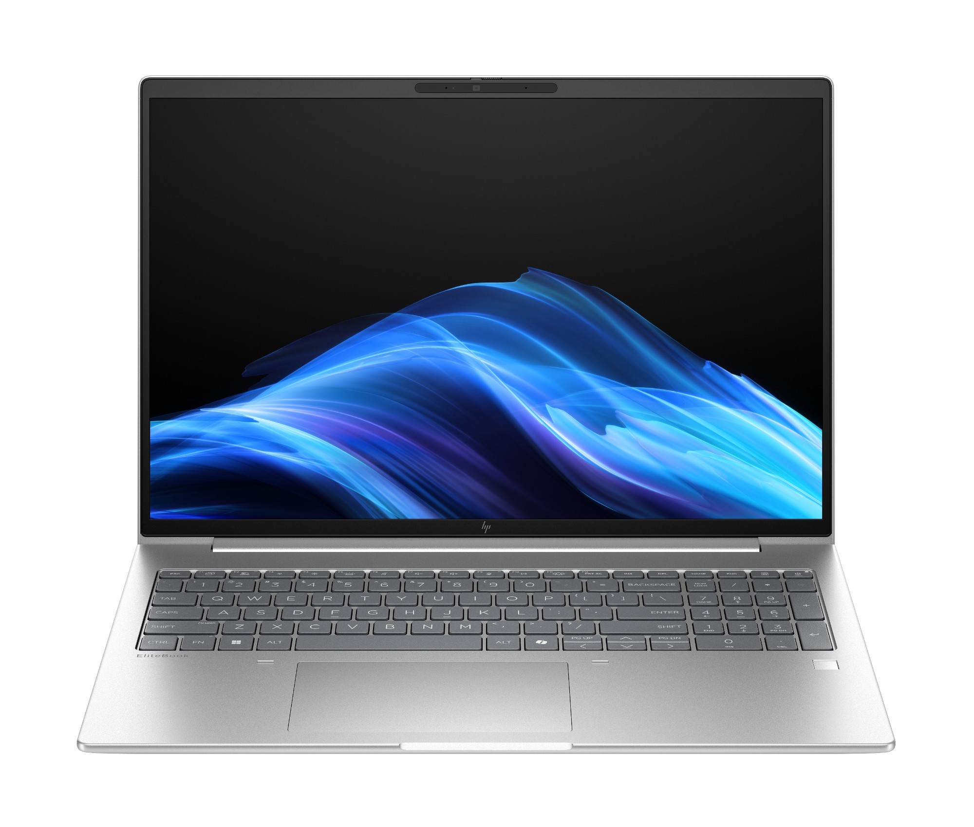 Sleek silver HP EliteBook laptop with a 16-inch touchscreen display, featuring a minimalist design, backlit keyboard, and a modern aesthetic, ideal for professional use.
