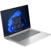 Silver HP EliteBook laptop with slim bezel, backlit keyboard, and Windows interface on screen.