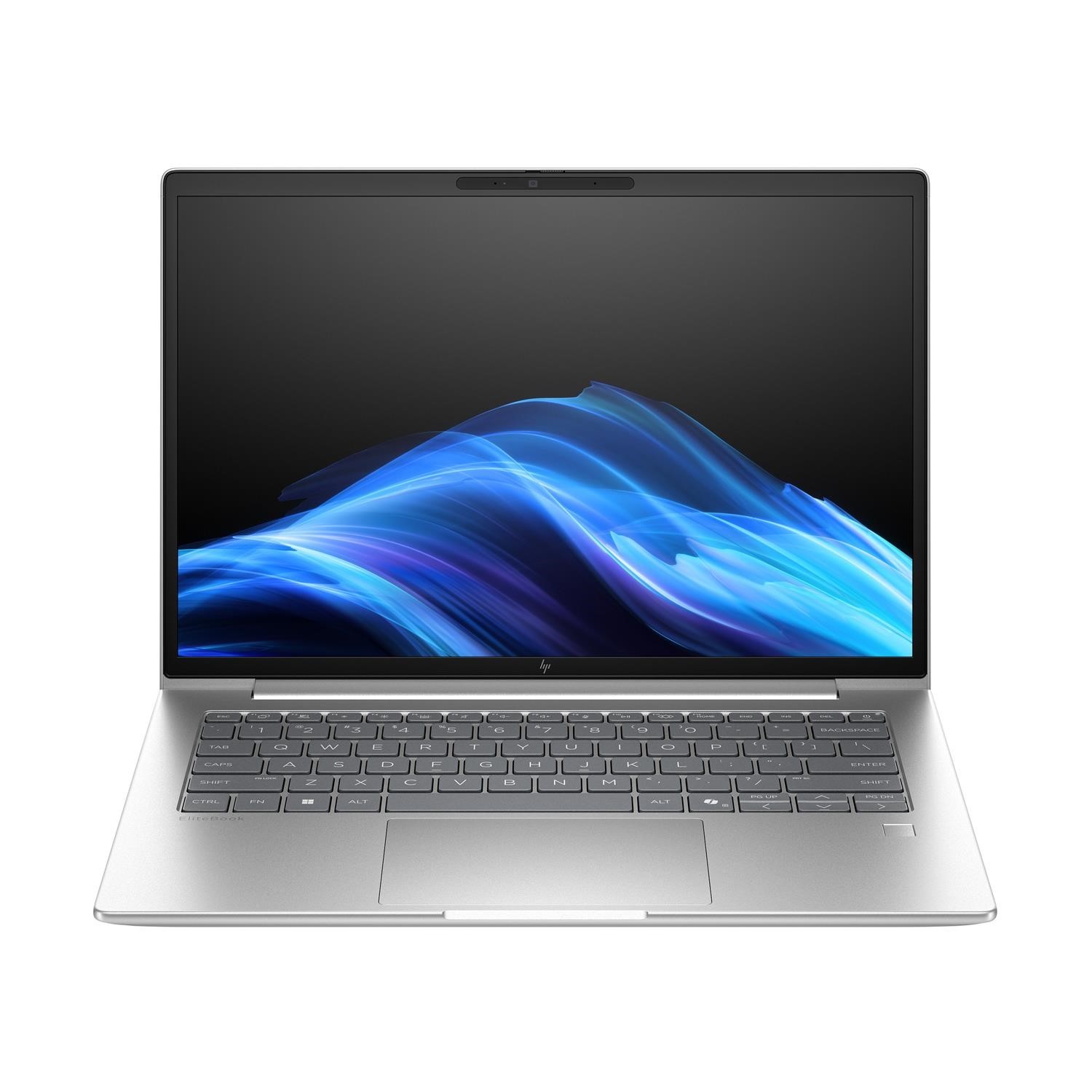Sleek silver HP EliteBook 6 G1i AI PC laptop with a 14" WUXGA display, featuring a backlit keyboard, Intel Core Ultra 5 processor, 24 GB DDR5 RAM, and 512 GB SSD.
