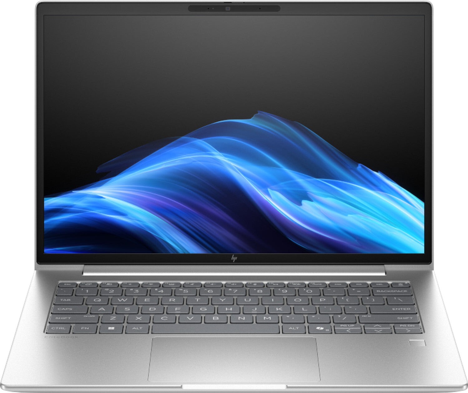 Sleek silver HP EliteBook 6 G1i laptop with a 14-inch touchscreen, featuring a modern design, backlit keyboard, and vibrant WUXGA display.