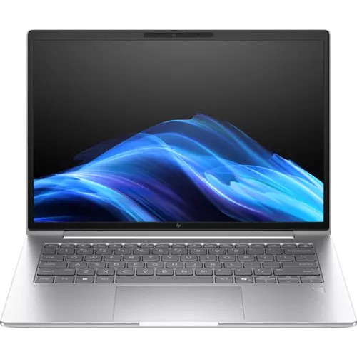 Sleek silver HP EliteBook 6 G1i laptop featuring a 14" WUXGA display, Intel Core Ultra 5 processor, 32 GB DDR5 RAM, 512 GB SSD, and Wi-Fi 7 connectivity.