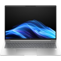 Silver HP EliteBook laptop, 16-inch screen, sleek design, backlit keyboard, Windows 11 Pro, slim bezels.