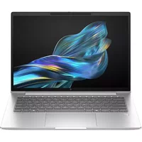 Silver HP EliteBook laptop with 14" display, sleek design, backlit keyboard, and vibrant screen graphics.